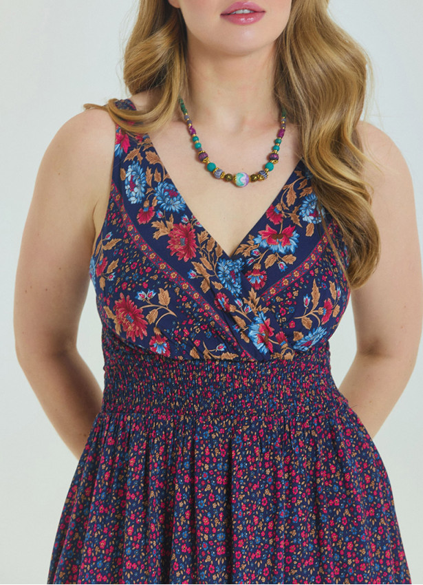 V Neck Robe Pink Floral Patterned Plus Size Dress 4584
